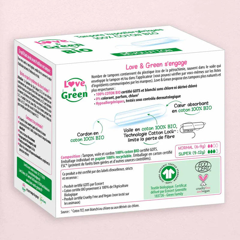 Love and Green | Tampons 100% coton BIO sans applicateur - Super