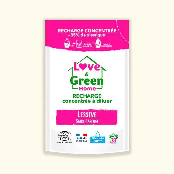 Love and Green | Lessive certifiée Ecodétergent sans parfum (recharge à diluer)