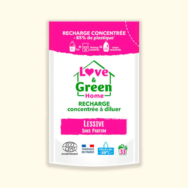 Love and Green | Lessive certifiée Ecodétergent sans parfum (recharge à diluer)