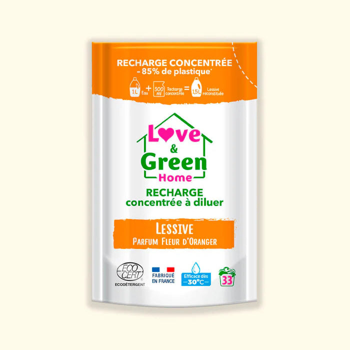 Love and Green | Lessive certifiée Ecodétergent parfum fleur d'oranger (recharge à diluer)