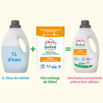 Love and Green | Lessive certifiée Ecodétergent parfum fleur d'oranger (recharge à diluer)