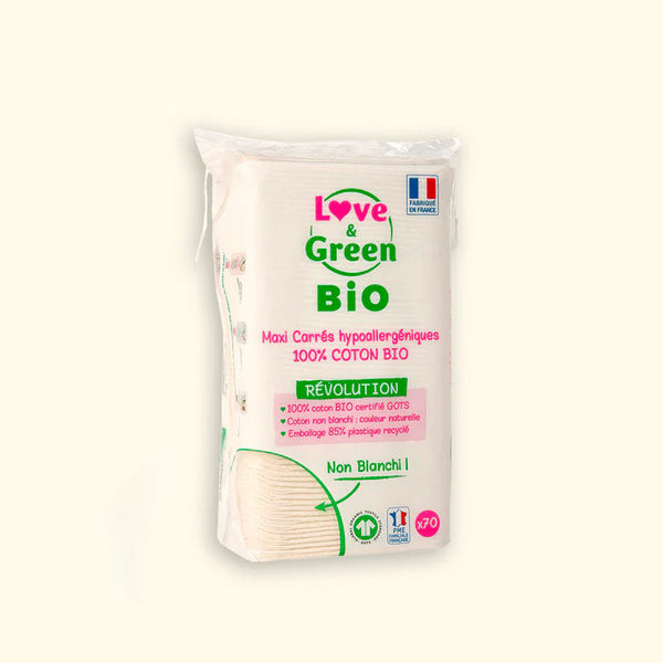 Love and Green | Maxi-carrés hypoallergéniques 100% coton - 70 pcs