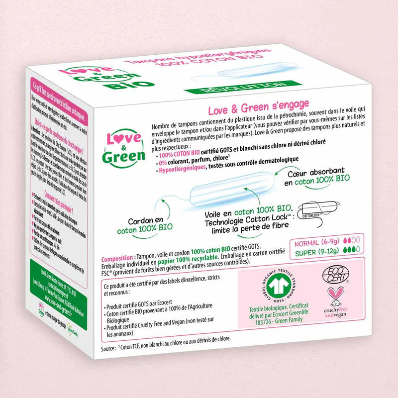 Love and Green | Tampons 100% coton BIO sans applicateur - Normal