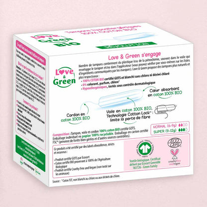 Love and Green | Tampons 100% coton BIO sans applicateur - Normal