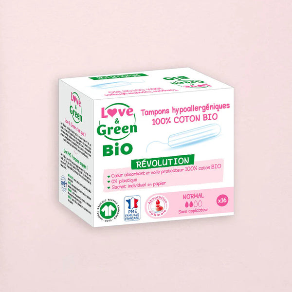 Love and Green | Tampons 100% coton BIO sans applicateur - Normal