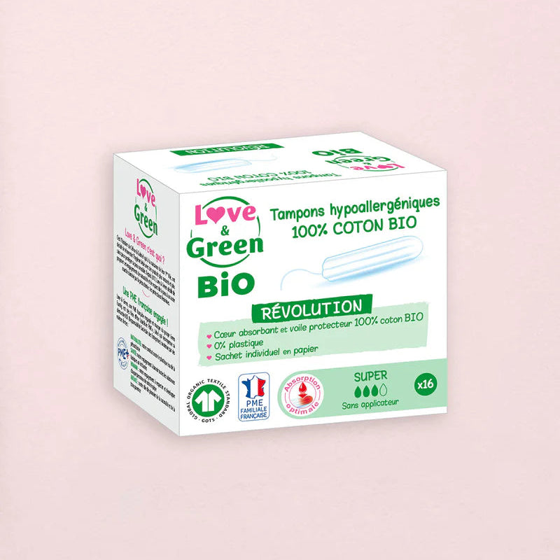 Love and Green | Tampons 100% coton BIO sans applicateur - Super