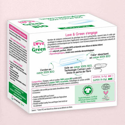 Love and Green | Tampons 100% coton BIO sans applicateur - Super