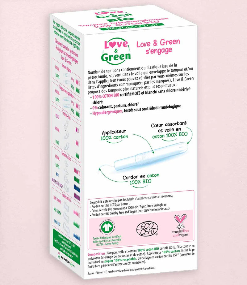 Love and Green | Tampons 100% coton BIO avec applicateur - Normal